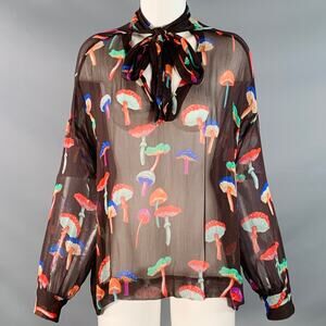 LE SUPERBE S Field Trip Brown Multi Color Chiffon Sheer Mushroom V-Neck Blouse